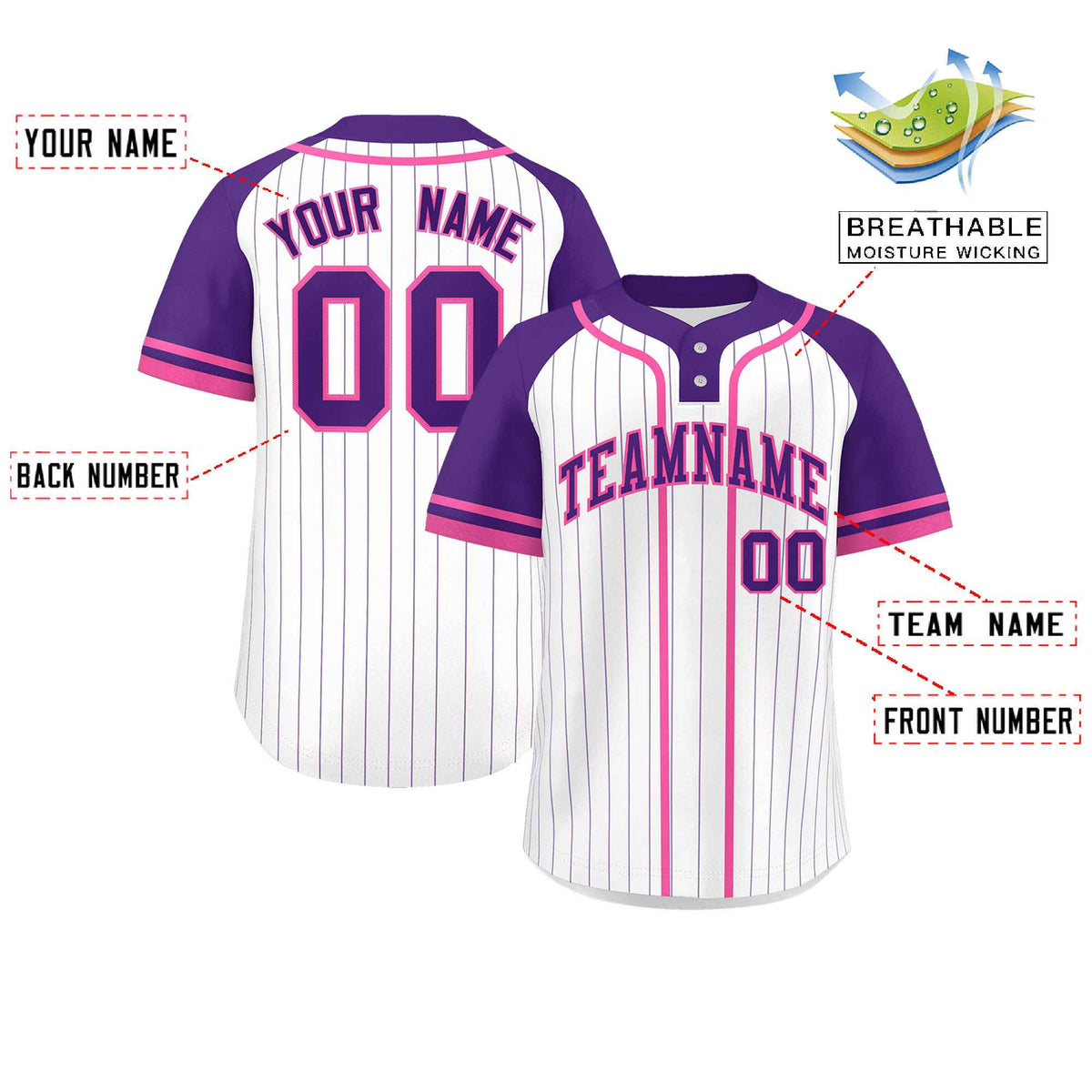 Custom White Purple-Pink Stripe Fashion Raglan Sleeves Authentic Two-Button Softball Jersey