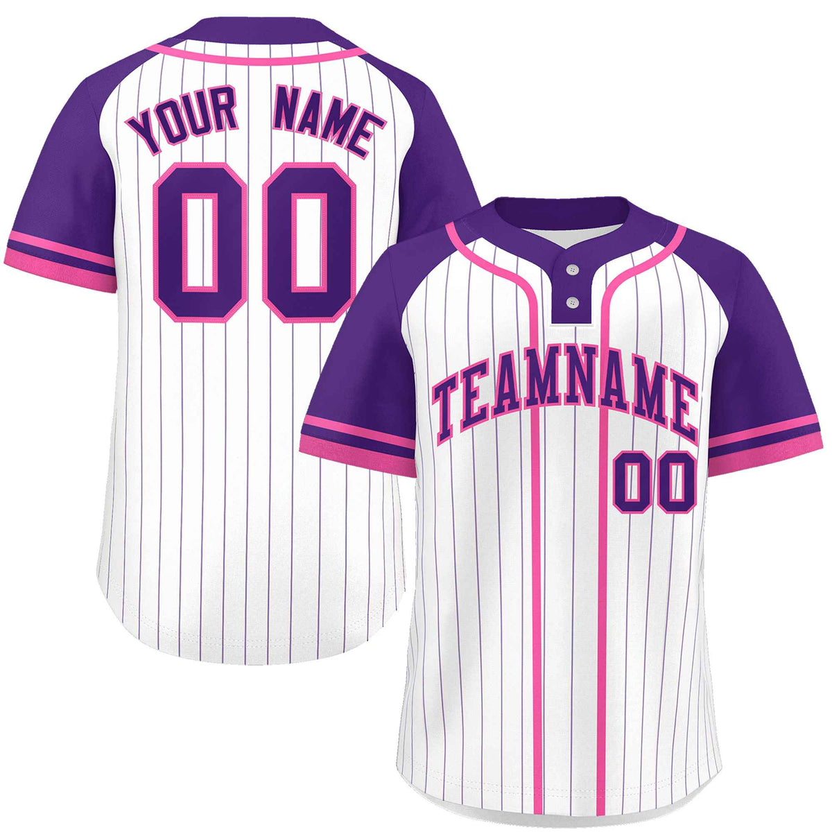 Custom White Purple-Pink Stripe Fashion Raglan Sleeves Authentic Two-Button Softball Jersey