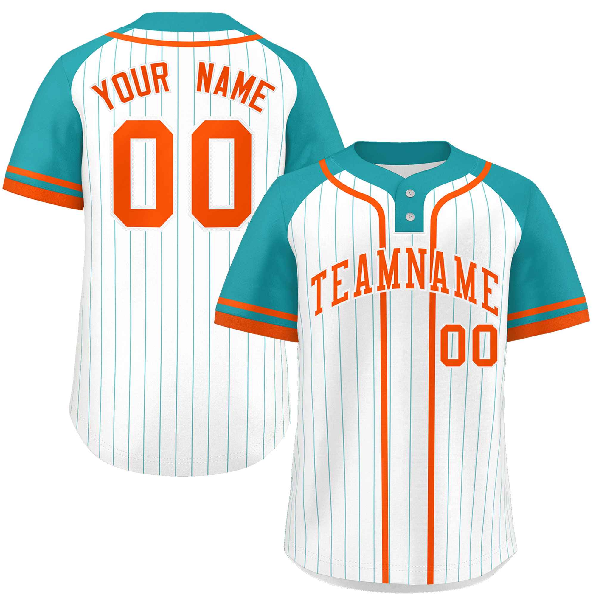 Custom White Aqua-Orange Stripe Fashion Raglan Sleeves Authentic Two-Button Softball Jersey