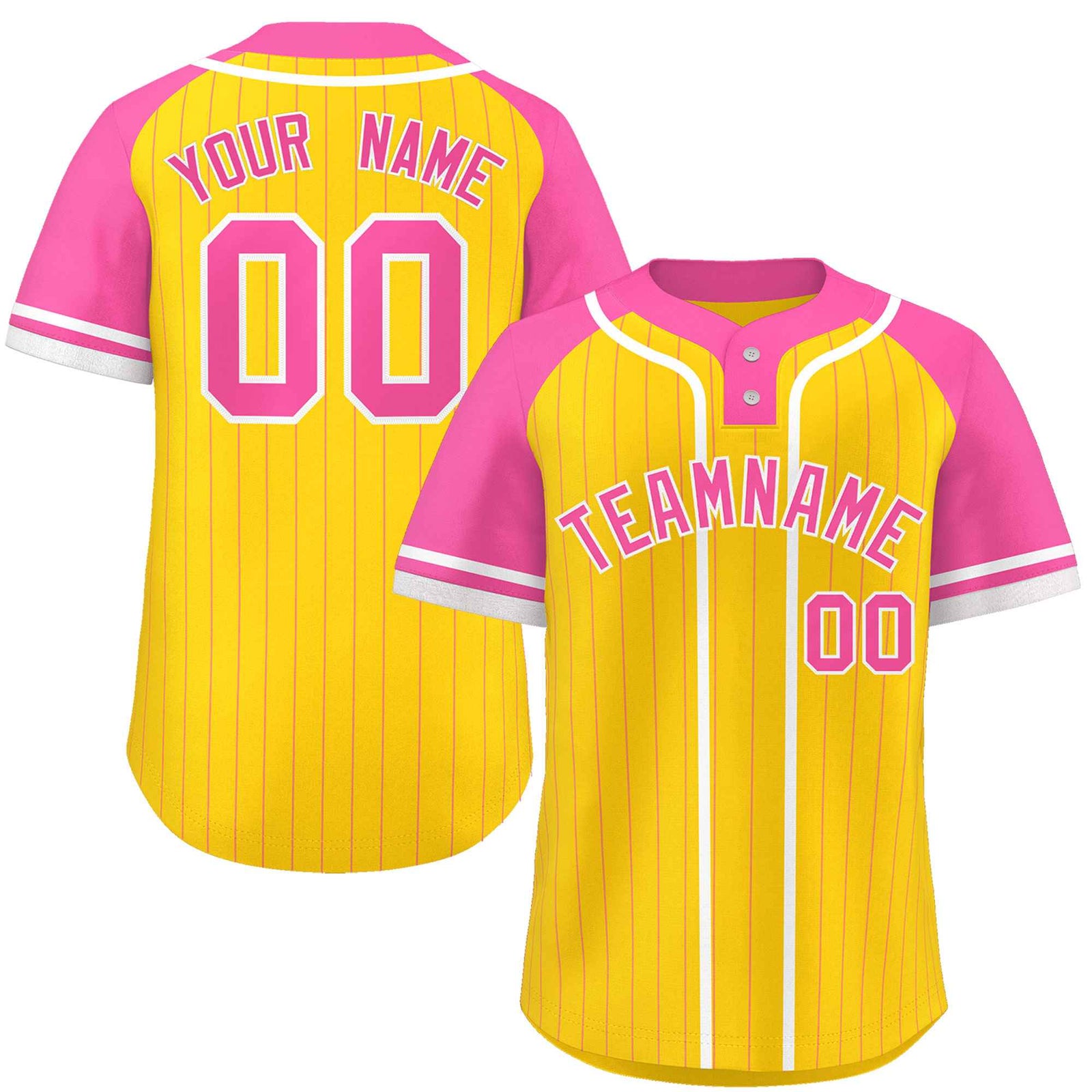 Custom Gold Pink-White Stripe Fashion Raglan Sleeves Authentic Two-Button Softball Jersey
