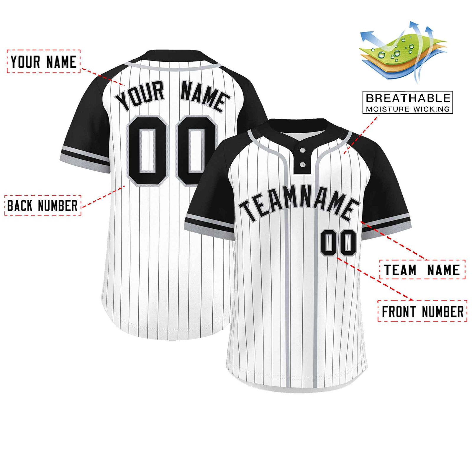 Custom White Black-Gray Stripe Fashion Raglan Sleeves Authentic Two-Button Softball Jersey