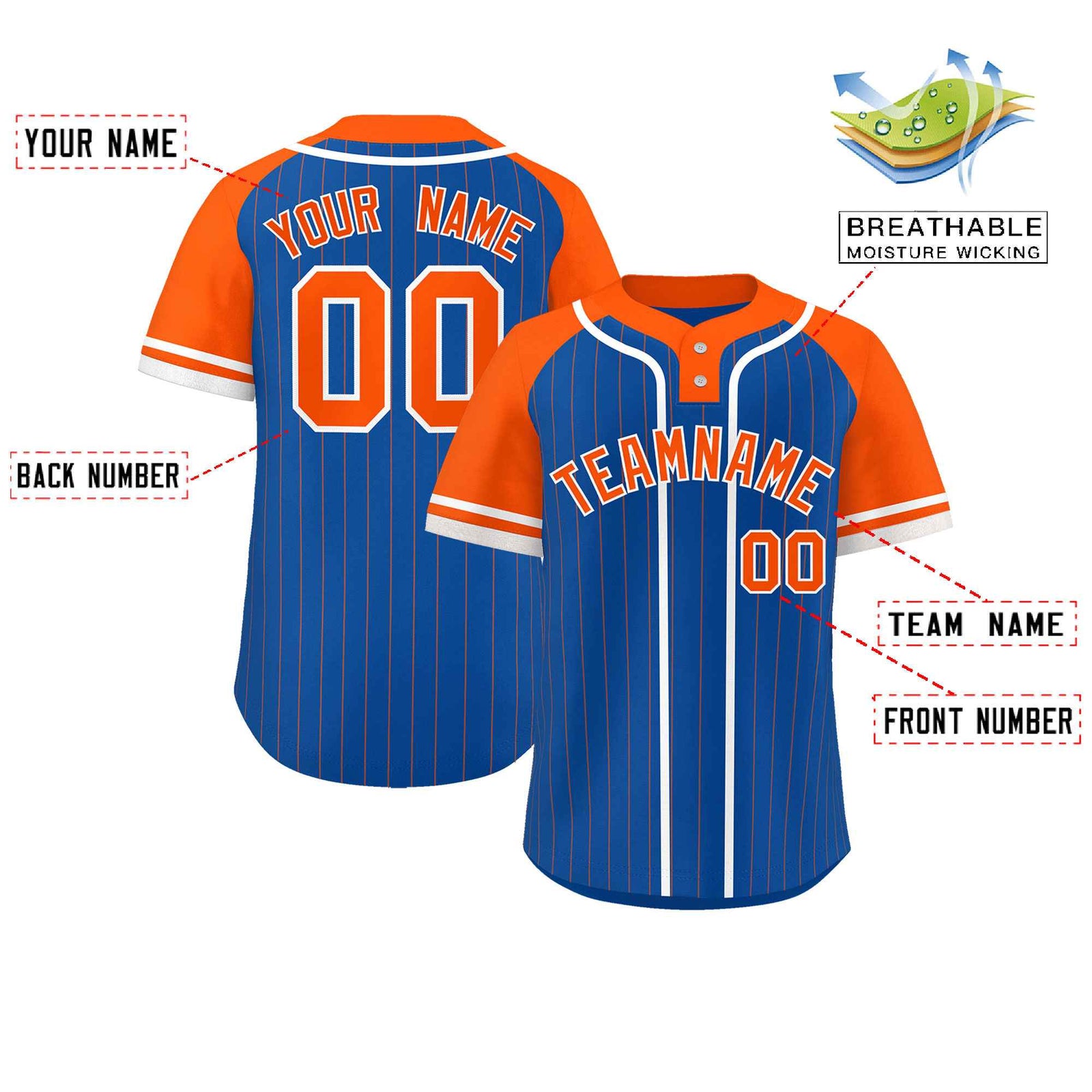 Custom Royal Orange-White Stripe Fashion Raglan Sleeves Authentic Two-Button Softball Jersey