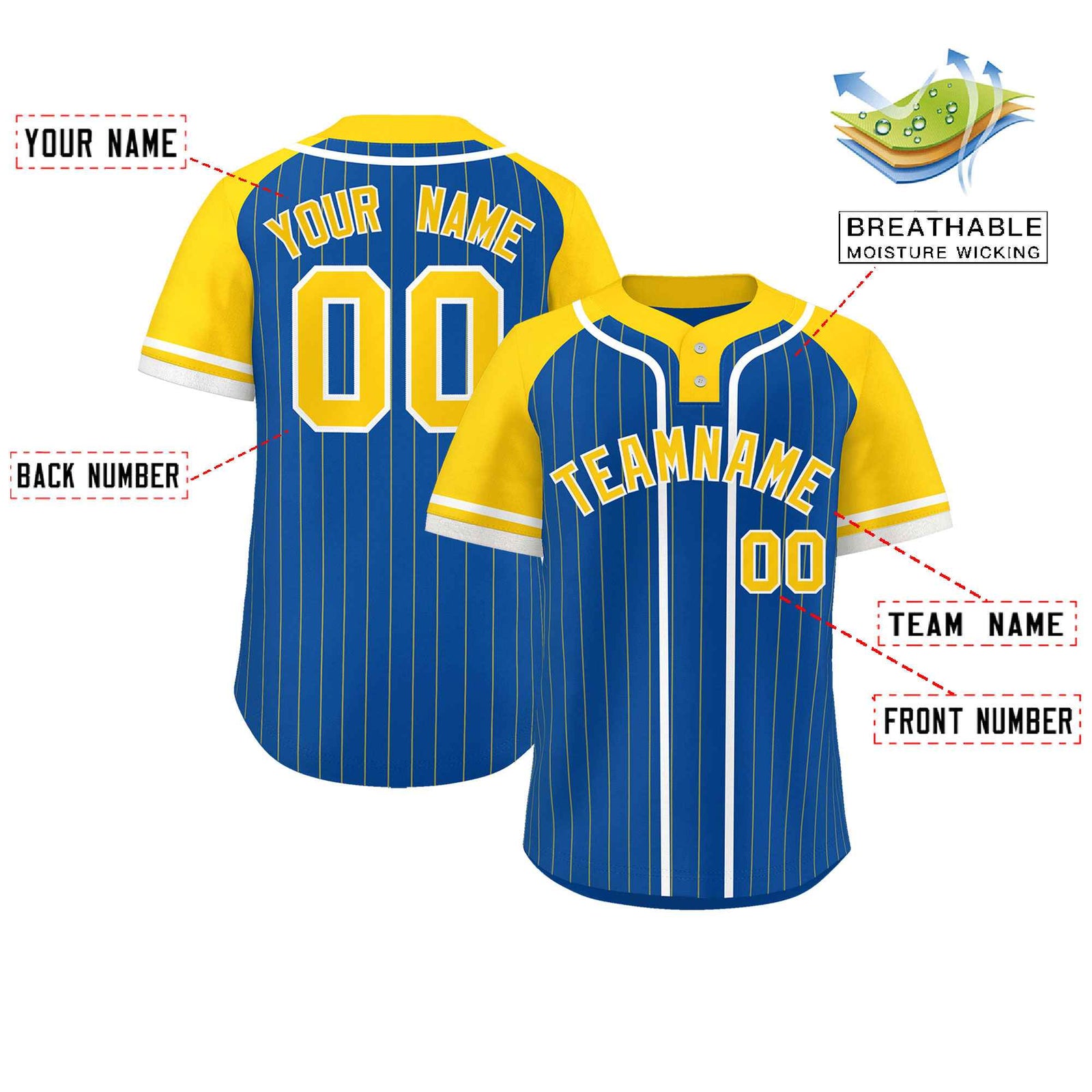 Custom Royal Gold-White Stripe Fashion Raglan Sleeves Authentic Two-Button Softball Jersey
