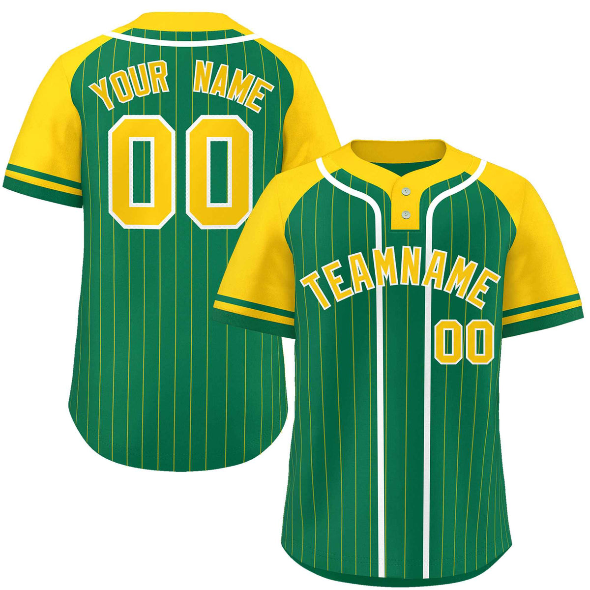 Custom Kelly Green Gold-White Stripe Fashion Raglan Sleeves Authentic Two-Button Softball Jersey