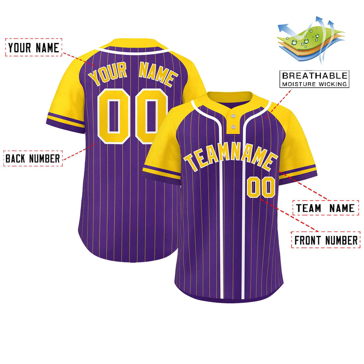 Custom Purple Gold-White Stripe Fashion Raglan Sleeves Authentic Two-Button Softball Jersey