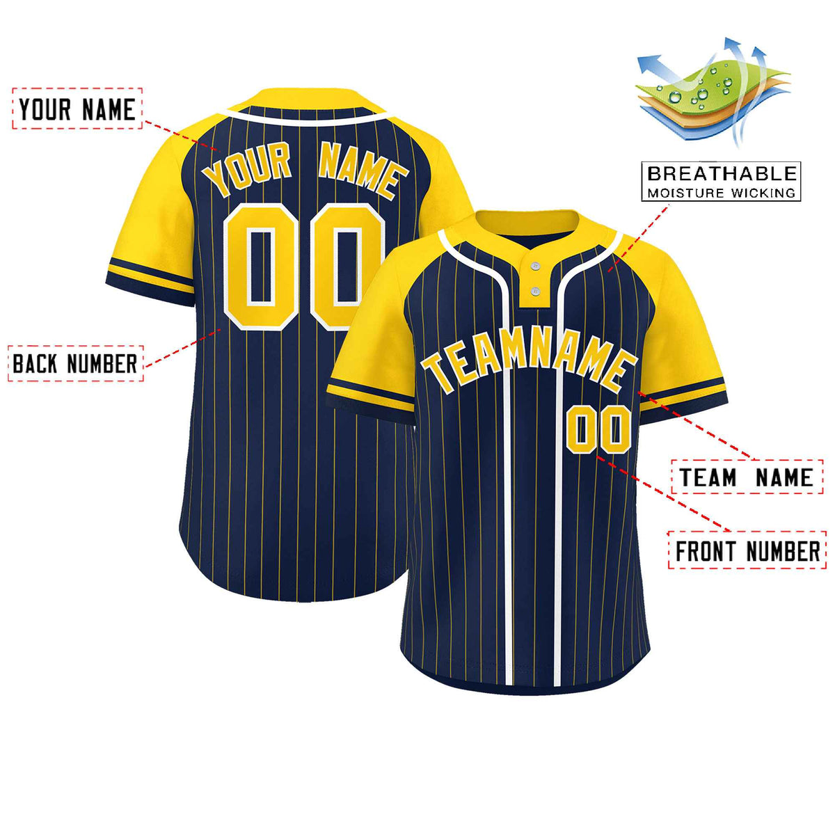 Custom Navy Gold-White Stripe Fashion Raglan Sleeves Authentic Two-Button Softball Jersey