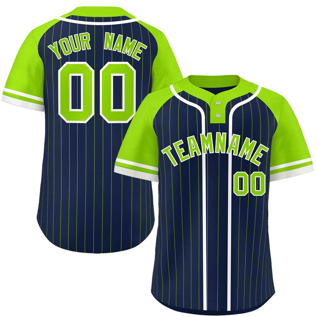 Custom Navy Neon Green-White Stripe Fashion Raglan Sleeves Authentic Two-Button Softball Jersey