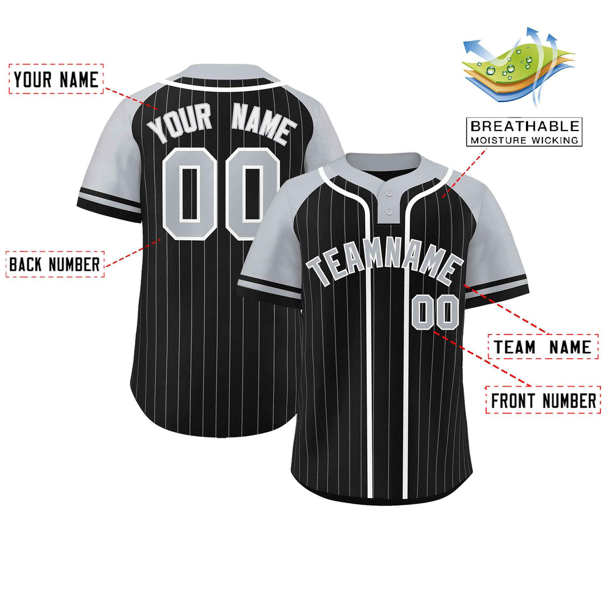 Custom Black Gray-White Stripe Fashion Raglan Sleeves Authentic Two-Button Softball Jersey