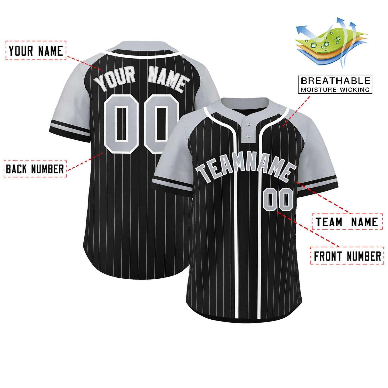 Custom Black Gray-White Stripe Fashion Raglan Sleeves Authentic Two-Button Softball Jersey