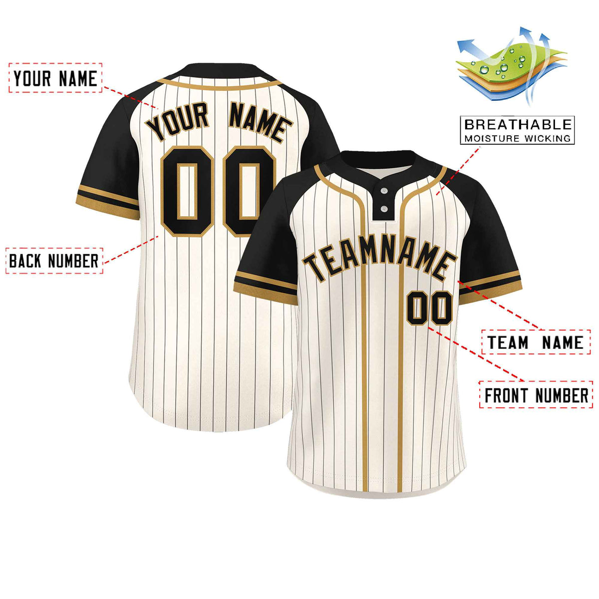 Custom Cream Black-Old Gold Stripe Fashion Raglan Sleeves Authentic Two-Button Softball Jersey