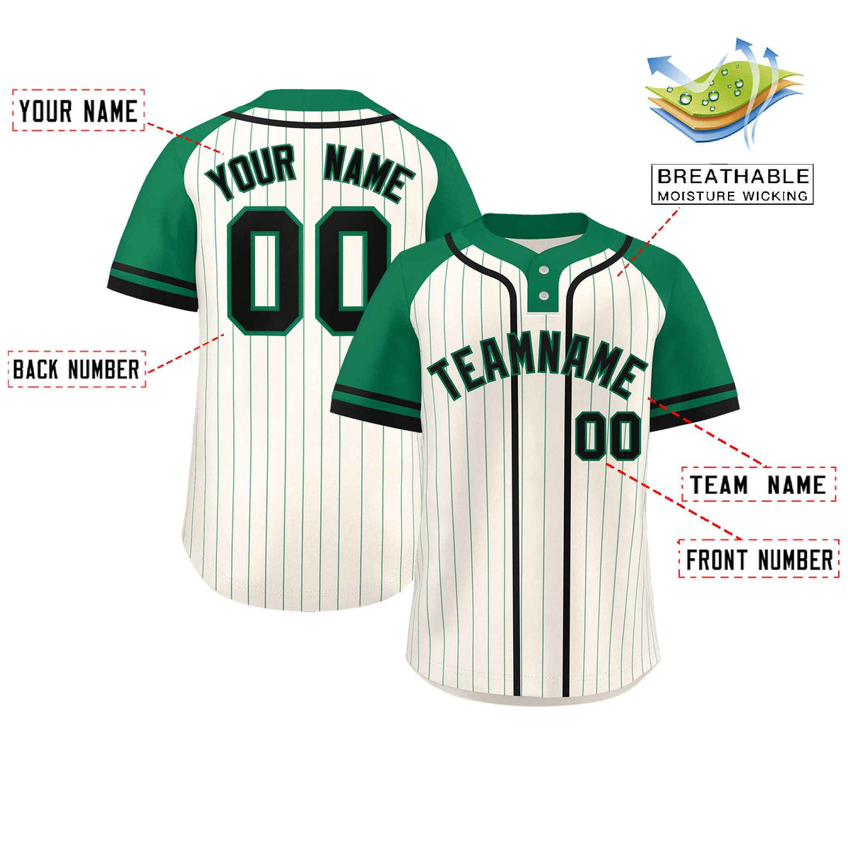 Custom Cream Kelly Green-Black Stripe Fashion Raglan Sleeves Authentic Two-Button Softball Jersey