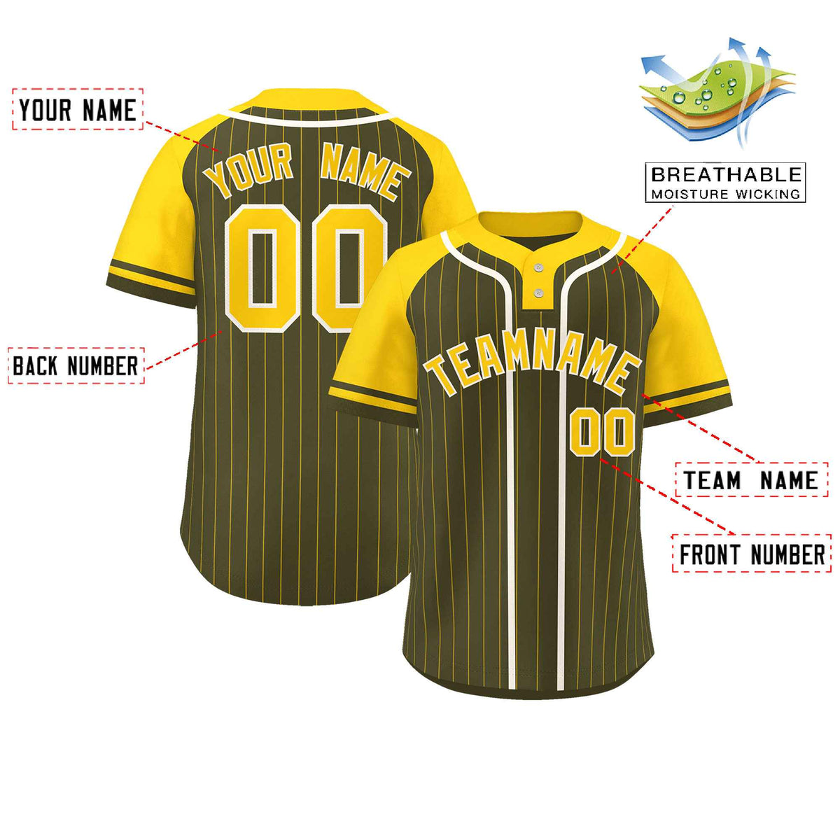 Custom Olive Gold-White Stripe Fashion Raglan Sleeves Authentic Two-Button Softball Jersey
