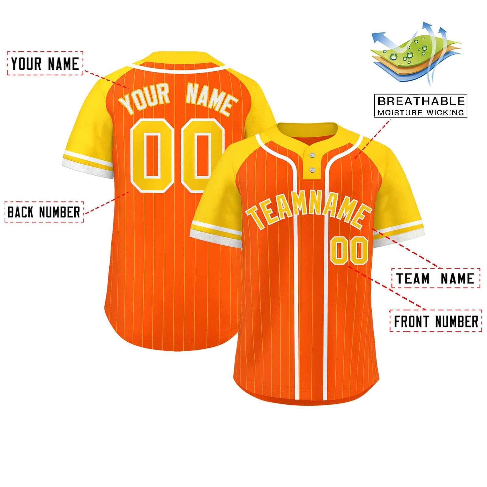 Custom Orange Gold-White Stripe Fashion Raglan Sleeves Authentic Two-Button Softball Jersey
