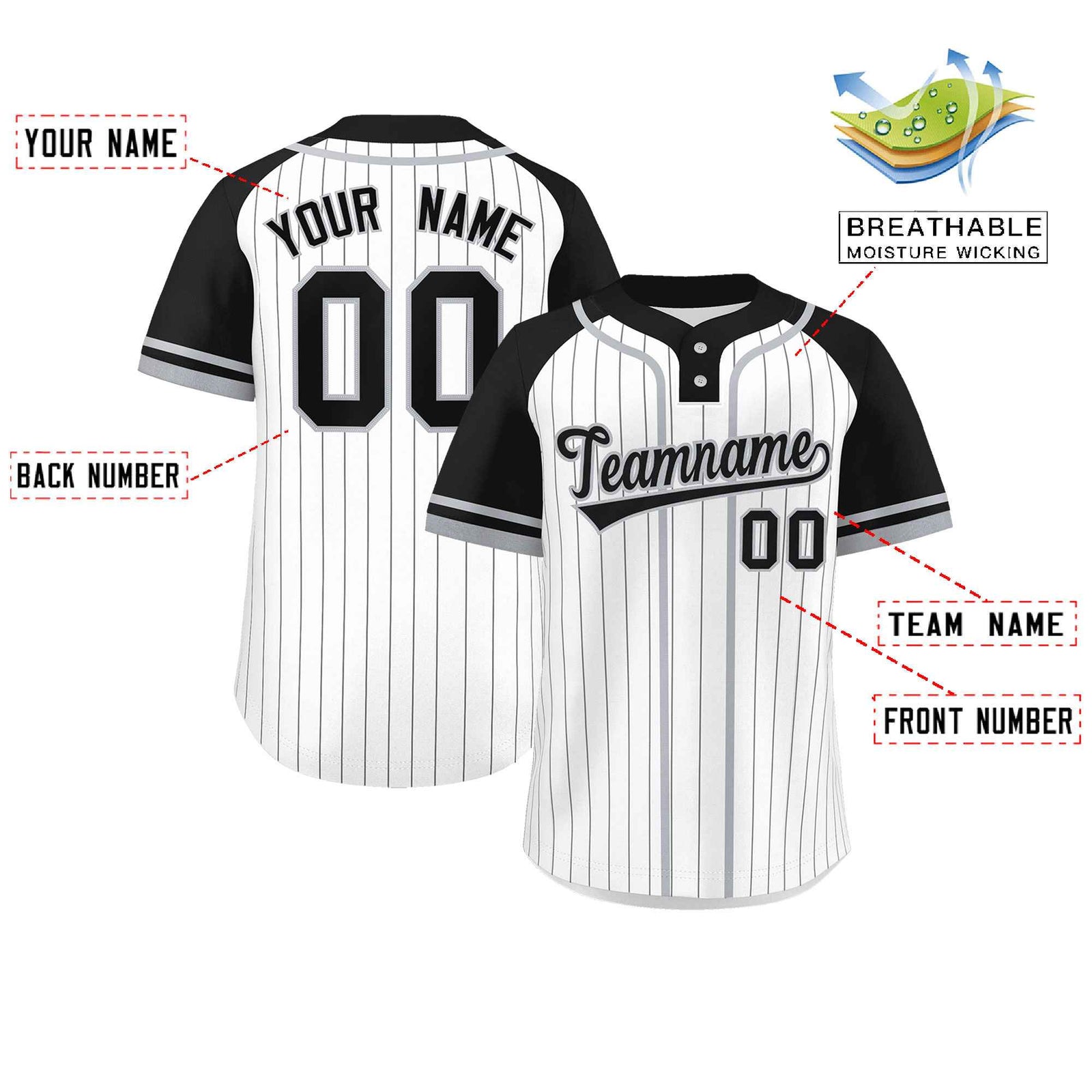 Custom White Black-Gray Stripe Fashion Raglan Sleeves Authentic Two-Button Softball Jersey