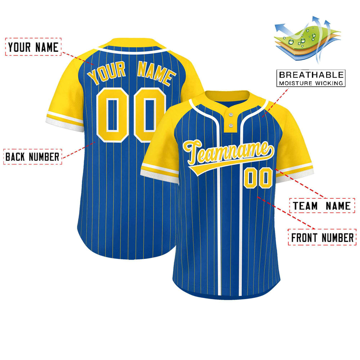 Custom Royal Gold-White Stripe Fashion Raglan Sleeves Authentic Two-Button Softball Jersey