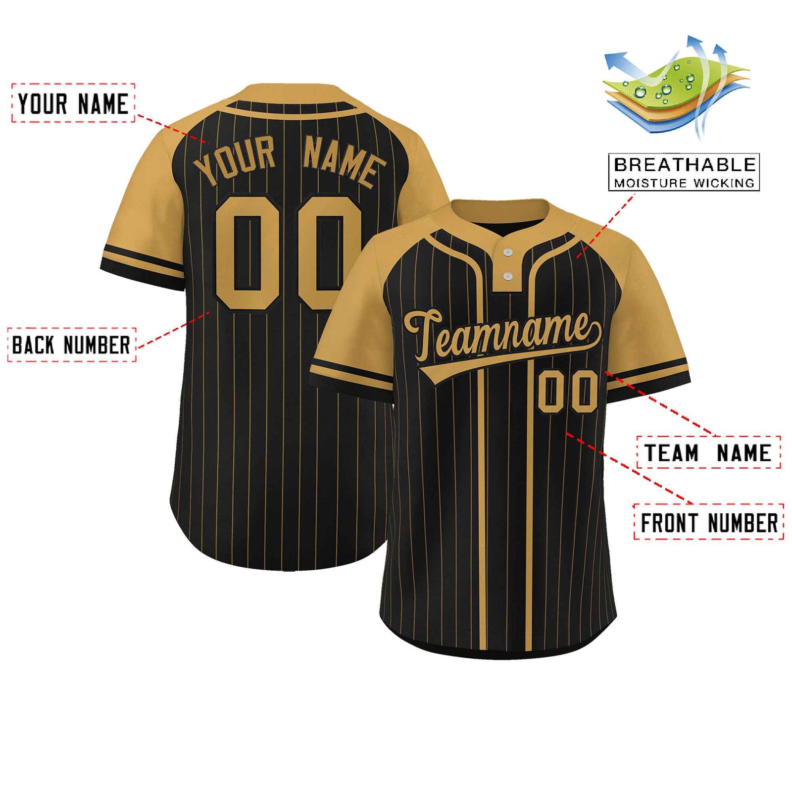 Custom Black Old Gold Stripe Fashion Raglan Sleeves Authentic Two-Button Softball Jersey