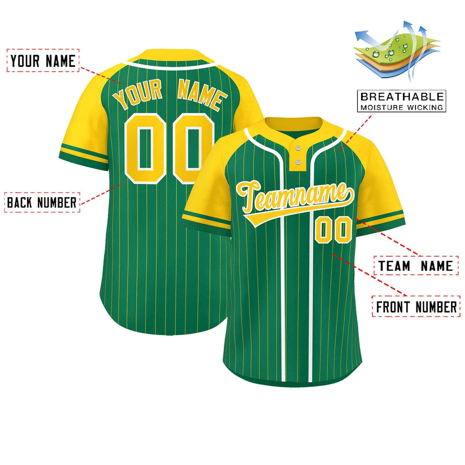 Custom Kelly Green Gold-White Stripe Fashion Raglan Sleeves Authentic Two-Button Softball Jersey