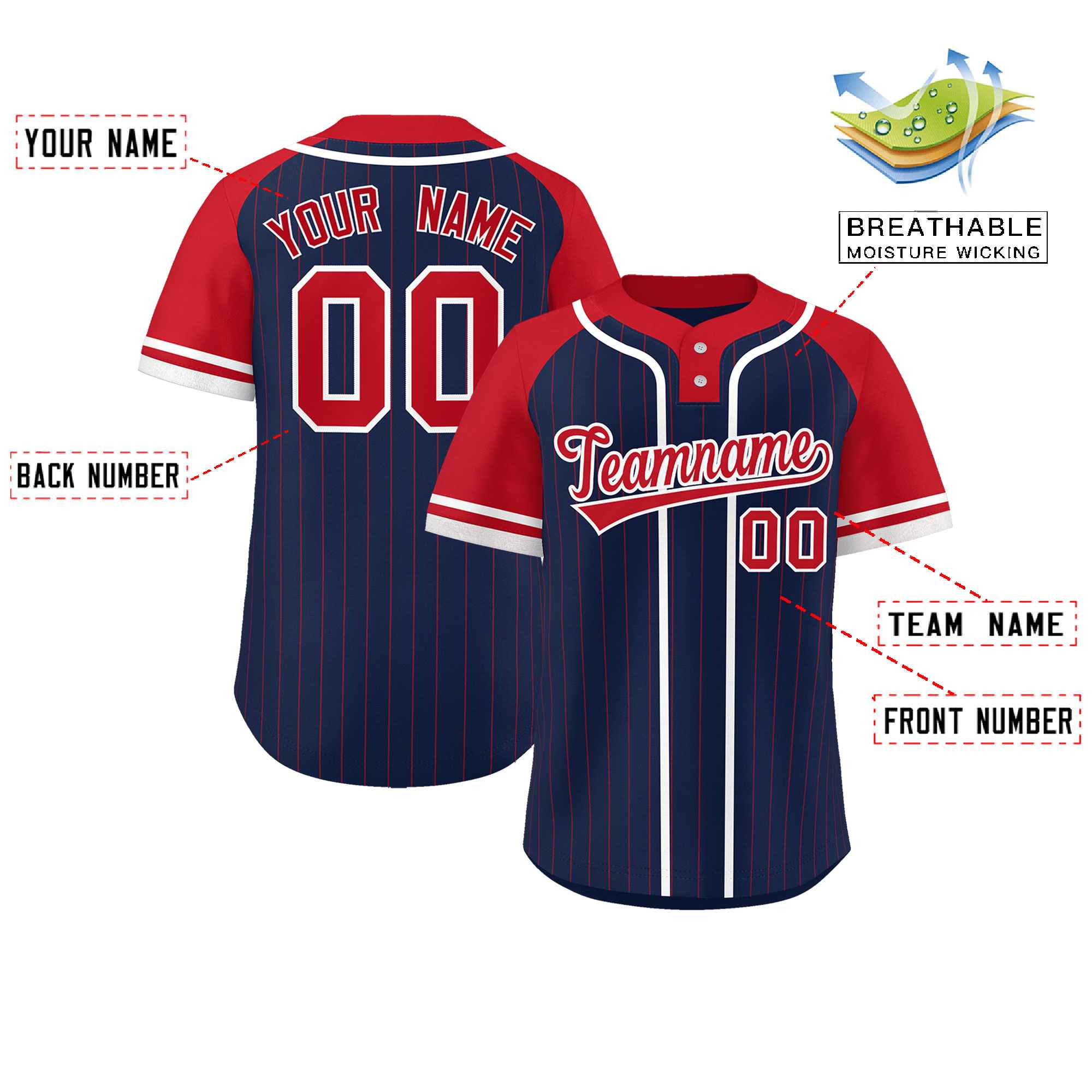 Custom Navy Red-White Stripe Fashion Raglan Sleeves Authentic Two-Button Baseball Jersey