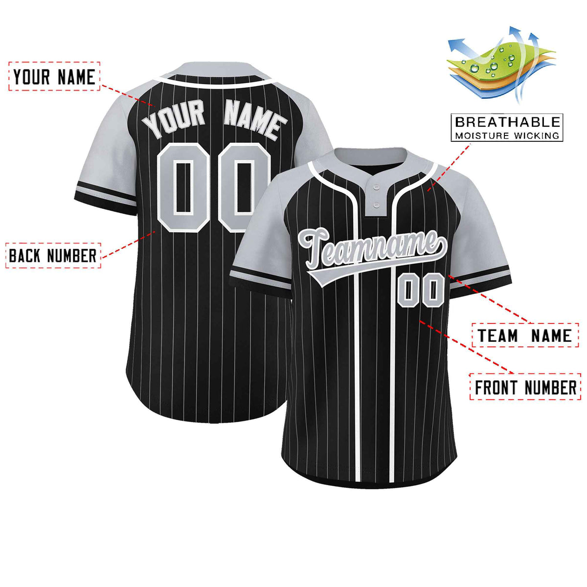Custom Black Gray-White Stripe Fashion Raglan Sleeves Authentic Two-Button Softball Jersey