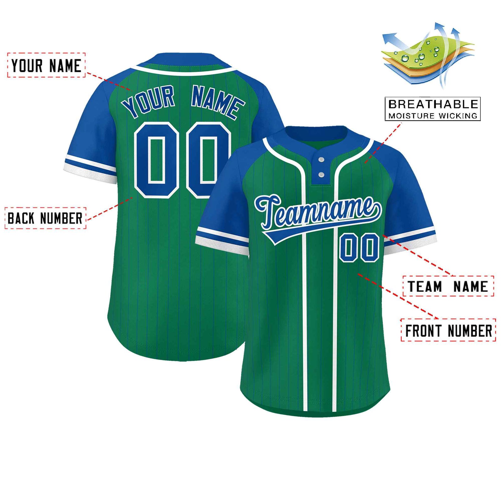 Custom Kelly Green Royal-White Stripe Fashion Raglan Sleeves Authentic Two-Button Softball Jersey