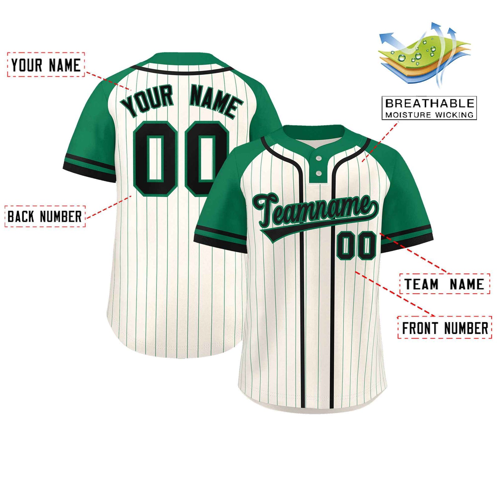 Custom Cream Kelly Green-Black Stripe Fashion Raglan Sleeves Authentic Two-Button Softball Jersey