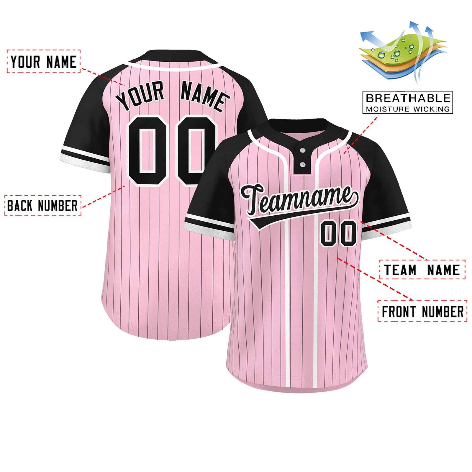 Custom Light Pink Black-White Stripe Fashion Raglan Sleeves Authentic Two-Button Softball Jersey