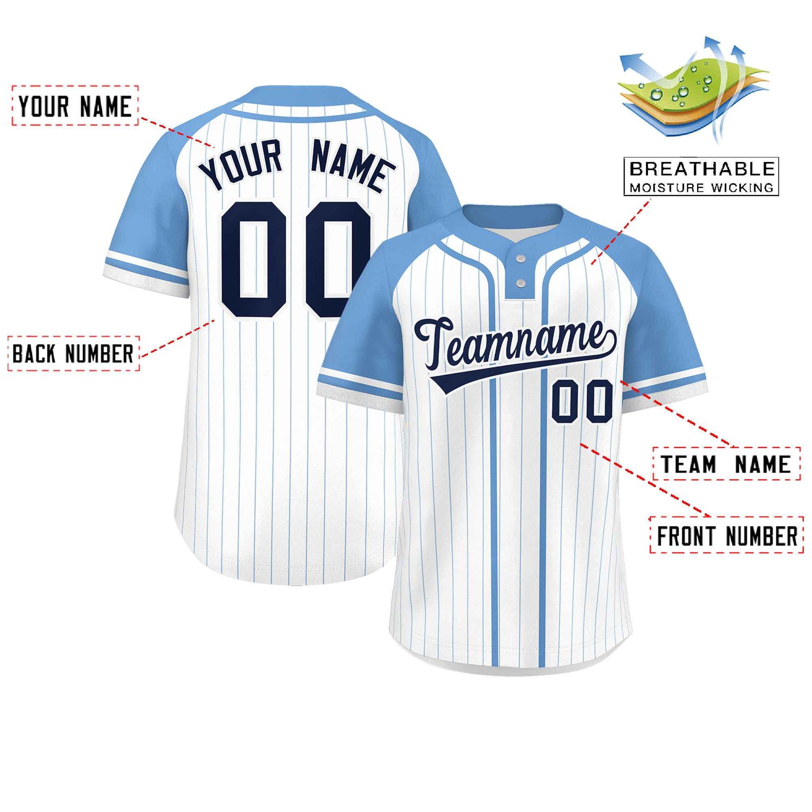 Custom White Light Blue Stripe Fashion Raglan Sleeves Authentic Two-Button Softball Jersey