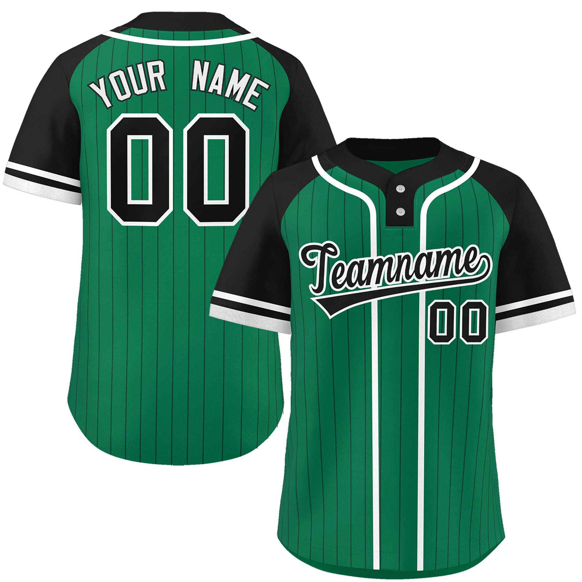 Custom Kelly Green Black-White Stripe Fashion Raglan Sleeves Authentic Two-Button Softball Jersey