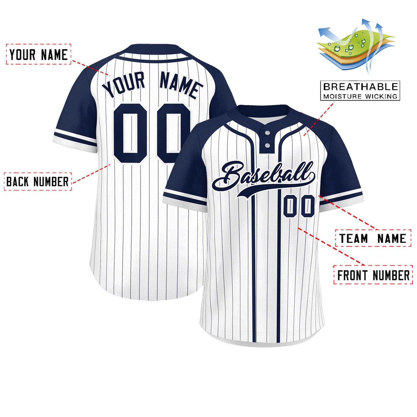 Custom White Navy Stripe Fashion Raglan Sleeves Authentic Two-Button Softball Jersey