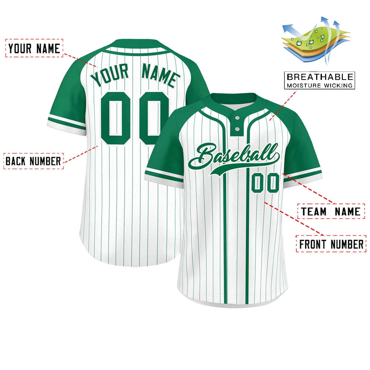Custom White Kelly Green Stripe Fashion Raglan Sleeves Authentic Two-Button Softball Jersey
