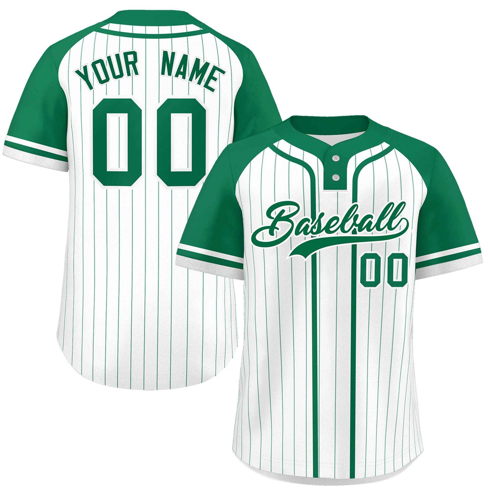 Custom White Kelly Green Stripe Fashion Raglan Sleeves Authentic Two-Button Softball Jersey