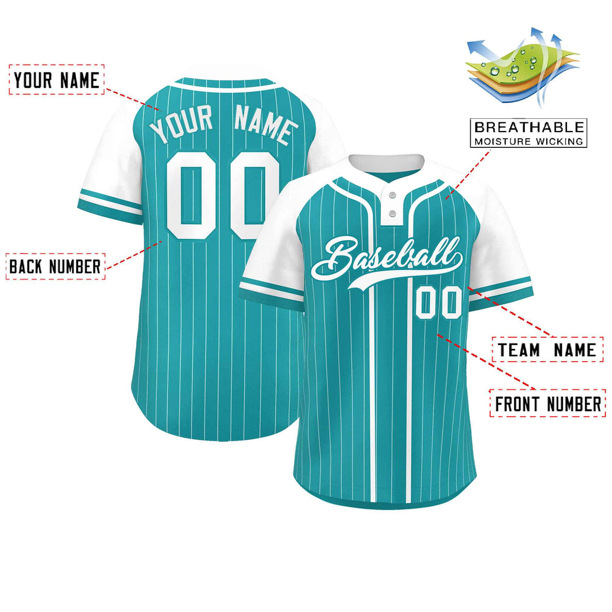 Custom Aqua White Stripe Fashion Raglan Sleeves Authentic Two-Button Softball Jersey