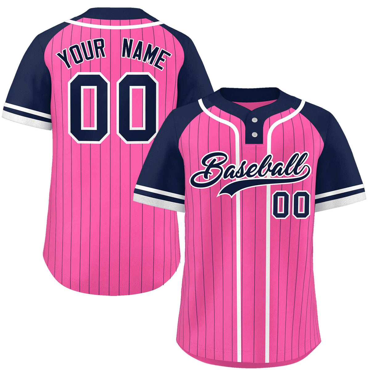 Custom Pink Navy-White Stripe Fashion Raglan Sleeves Authentic Two-Button Softball Jersey