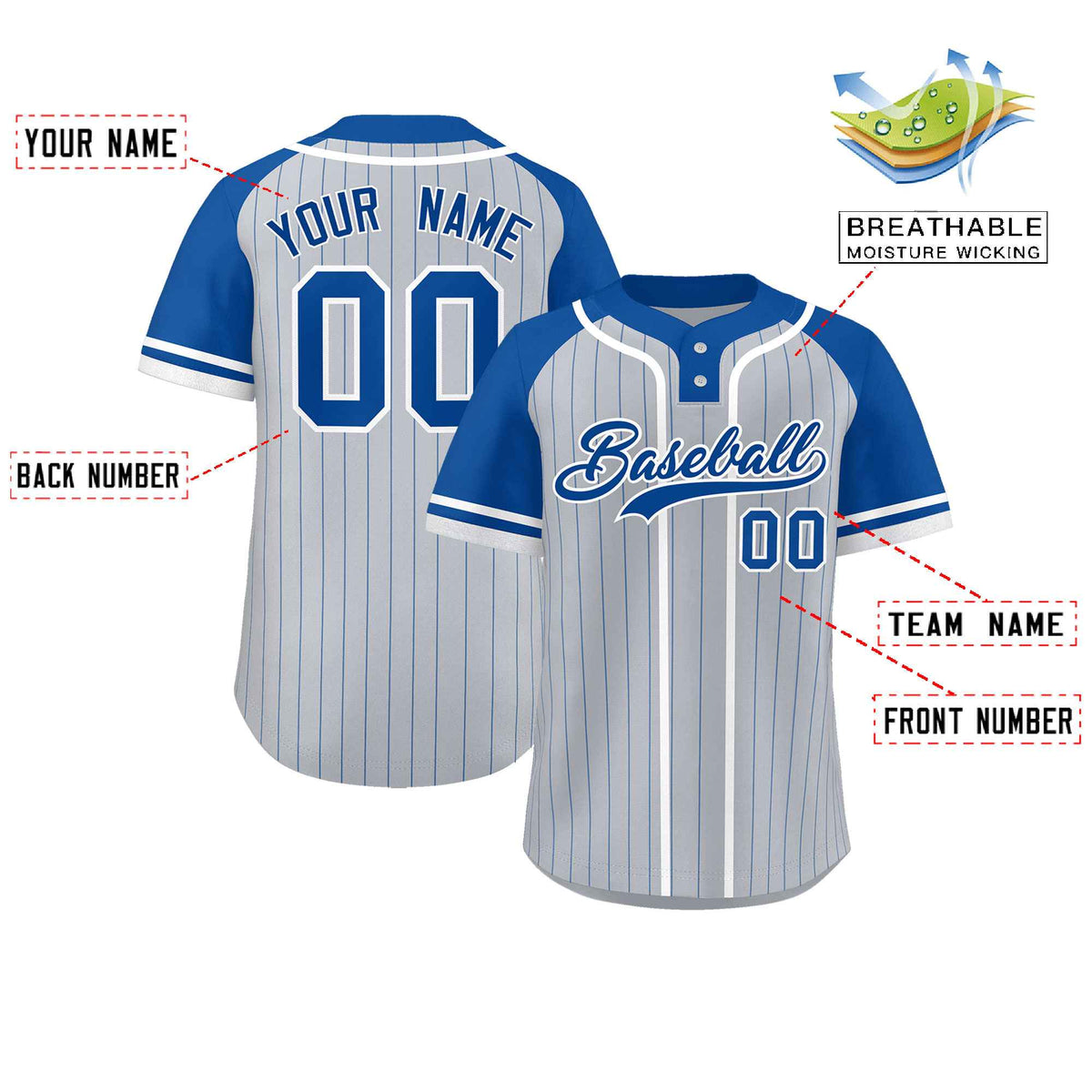 Custom Gray Royal-White Stripe Fashion Raglan Sleeves Authentic Two-Button Softball Jersey