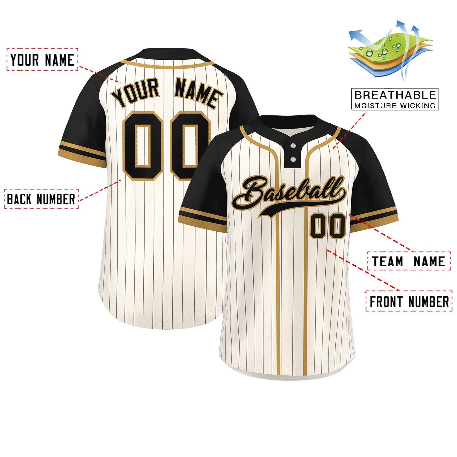 Custom Cream Black-Old Gold Stripe Fashion Raglan Sleeves Authentic Two-Button Softball Jersey