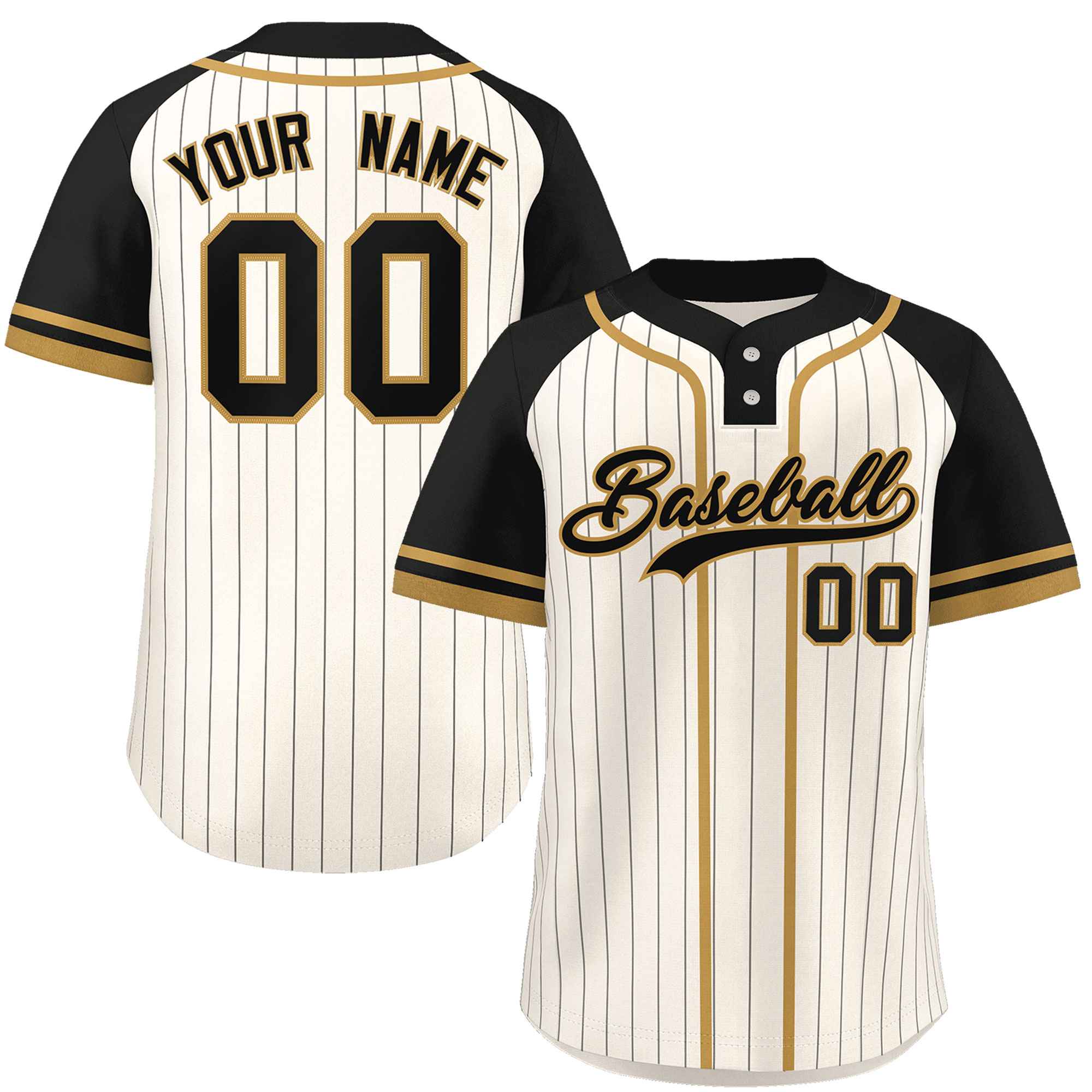 Custom Cream Black-Old Gold Stripe Fashion Raglan Sleeves Authentic Two-Button Baseball Jersey
