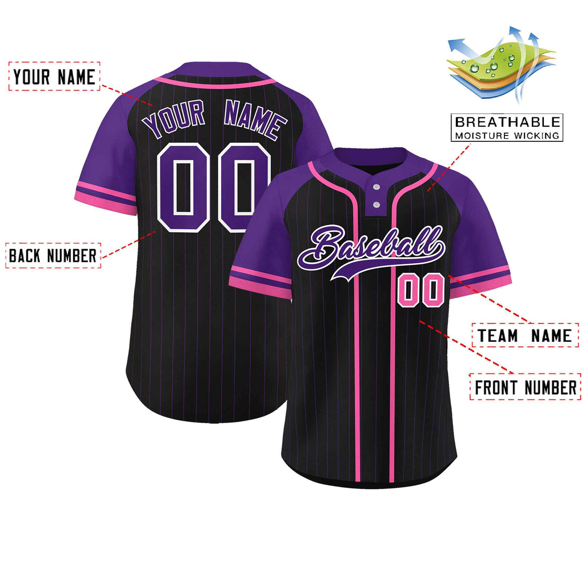 Custom Black Purple-Pink Stripe Fashion Raglan Sleeves Authentic Two-Button Softball Jersey