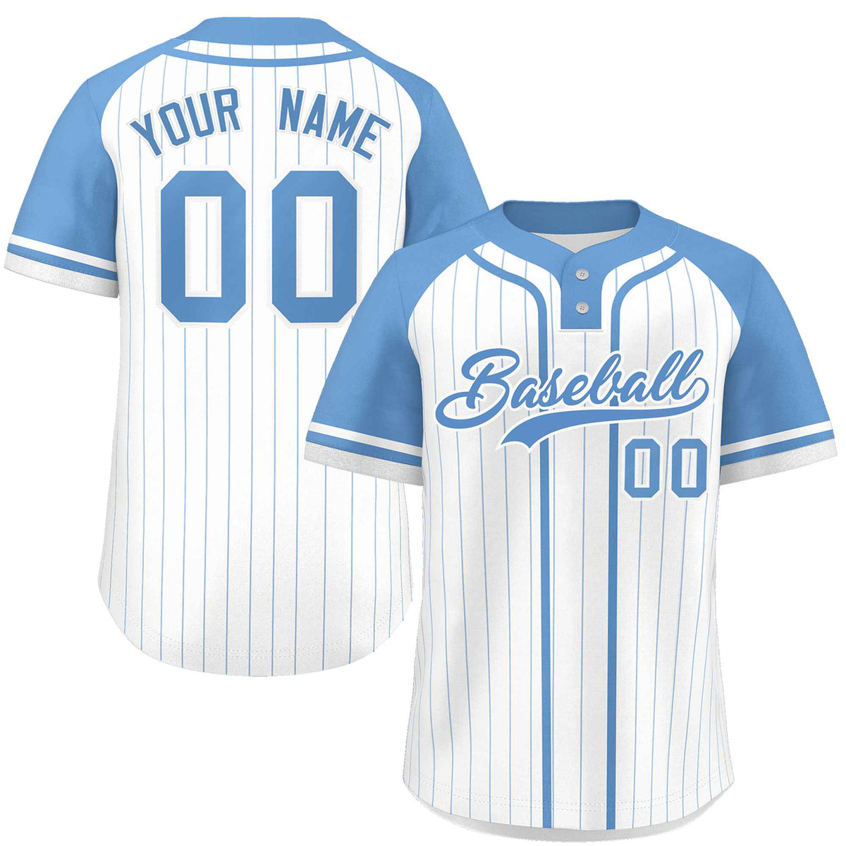Custom White Light Blue Stripe Fashion Raglan Sleeves Authentic Two-Button Softball Jersey