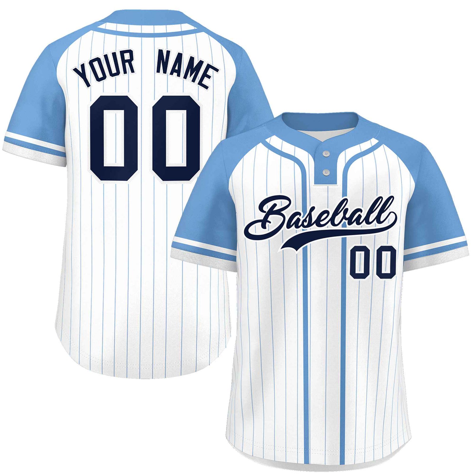 Custom White Light Blue Stripe Fashion Raglan Sleeves Authentic Two-Button Softball Jersey