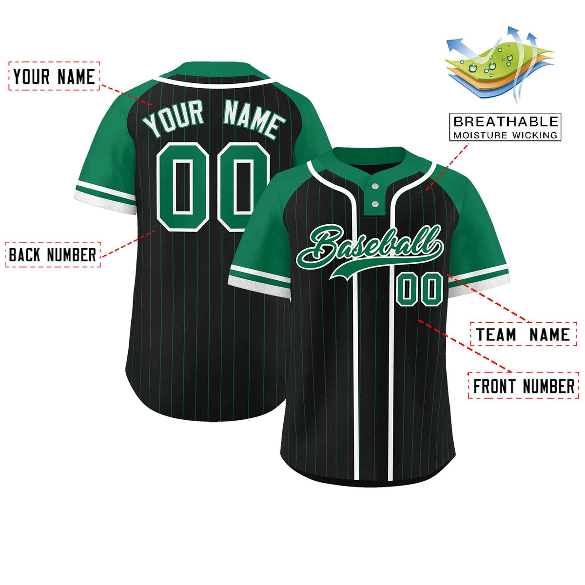 Custom Black Kelly Green-White Stripe Fashion Raglan Sleeves Authentic Two-Button Softball Jersey