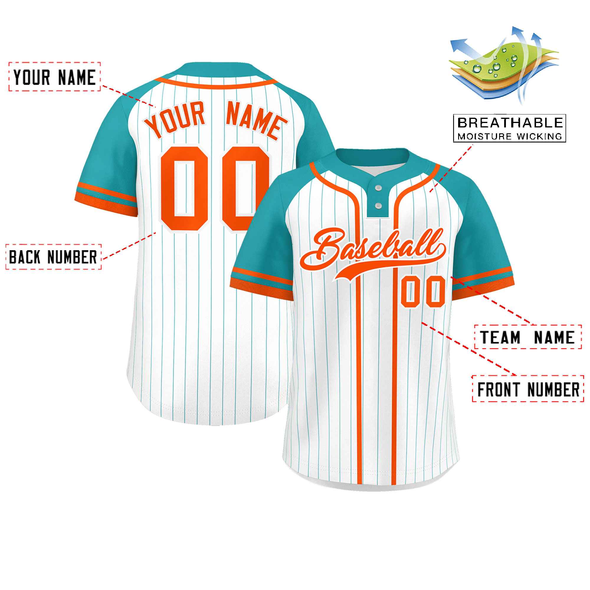 Custom White Aqua-Orange Stripe Fashion Raglan Sleeves Authentic Two-Button Softball Jersey