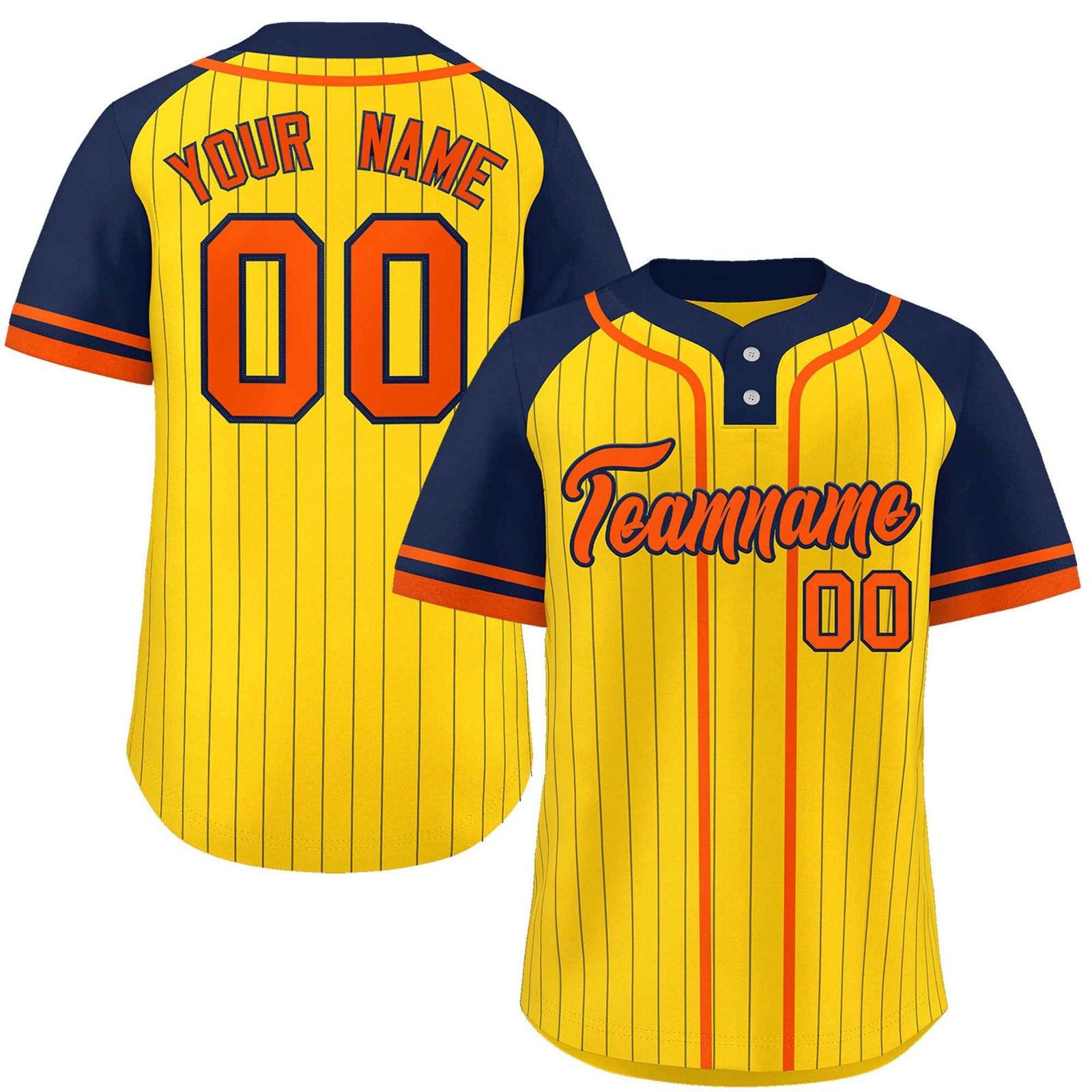 Custom Gold Navy-Orange Stripe Fashion Raglan Sleeves Authentic Two-Button Softball Jersey