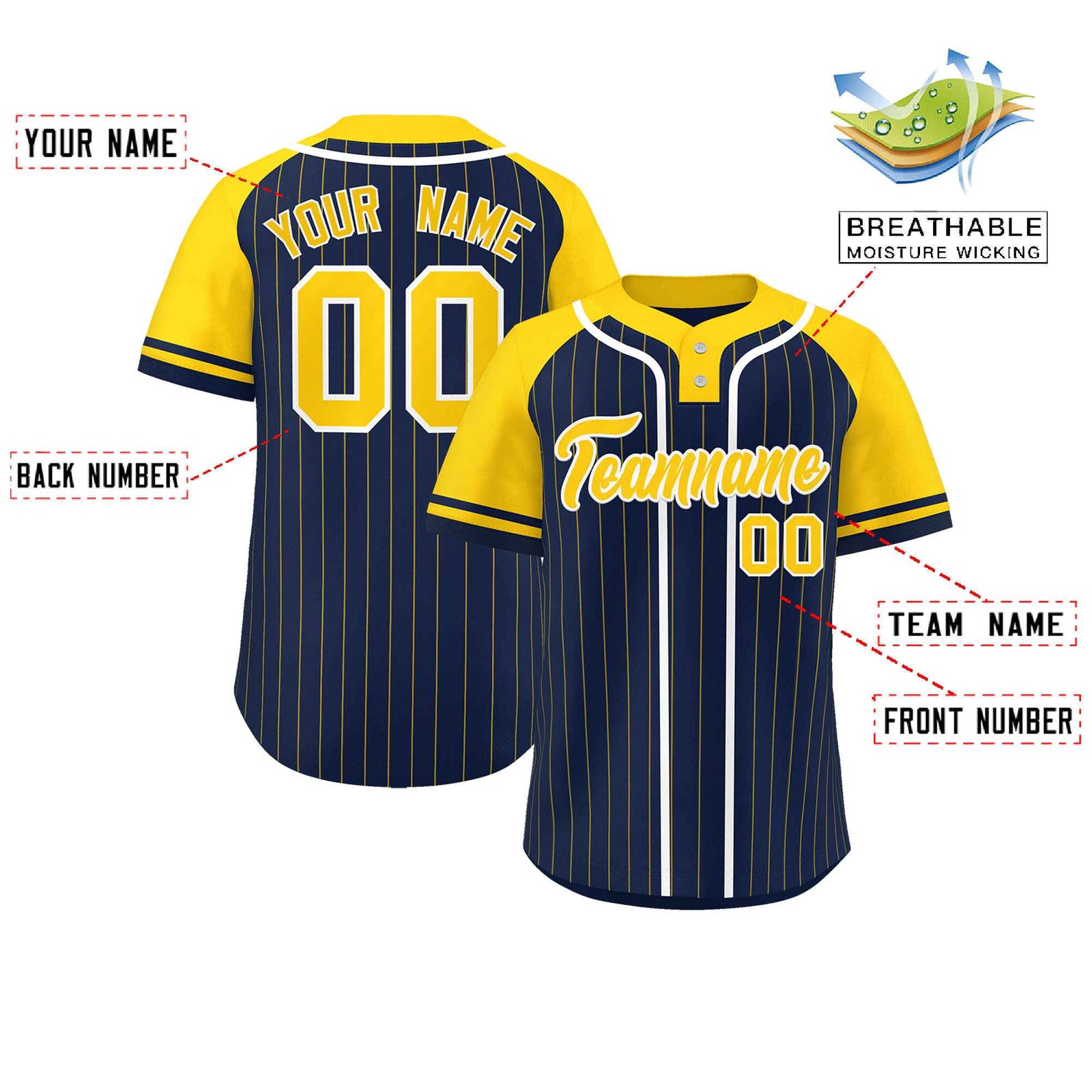 Custom Navy Gold-White Stripe Fashion Raglan Sleeves Authentic Two-Button Softball Jersey
