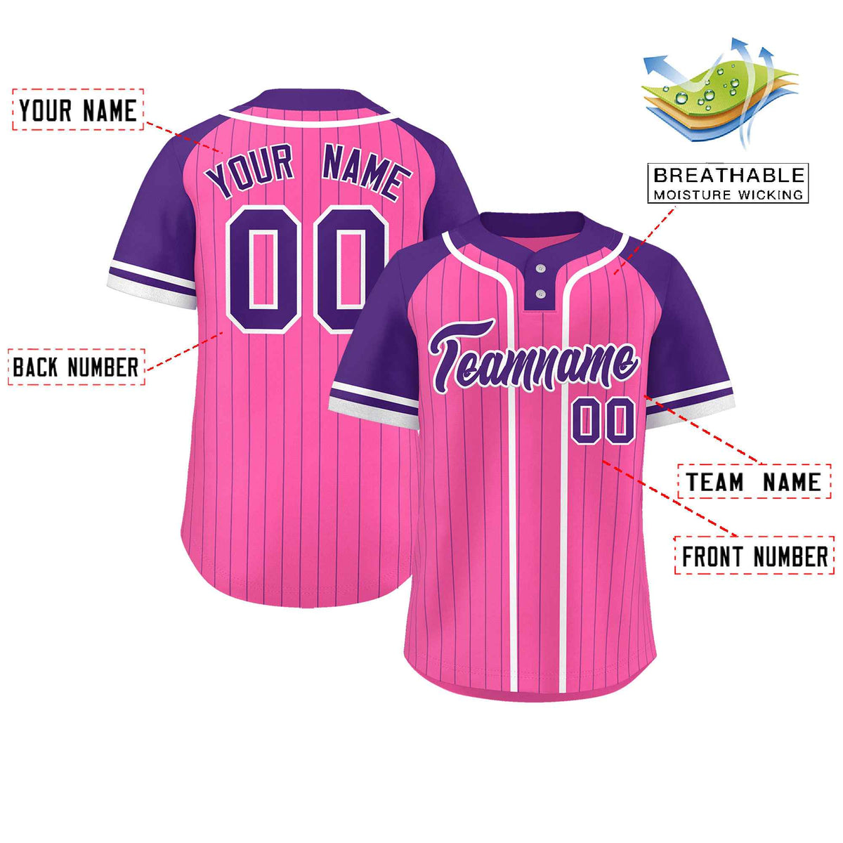 Custom Pink Purple-White Stripe Fashion Raglan Sleeves Authentic Two-Button Softball Jersey