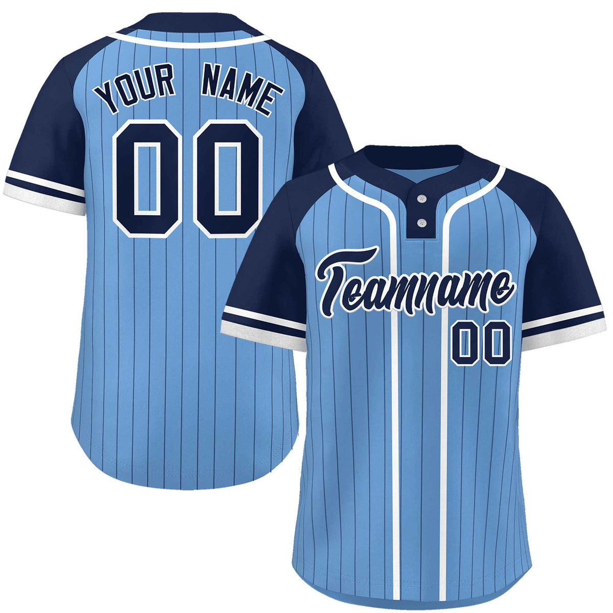 Custom Light Blue Navy-White Stripe Fashion Raglan Sleeves Authentic Two-Button Softball Jersey