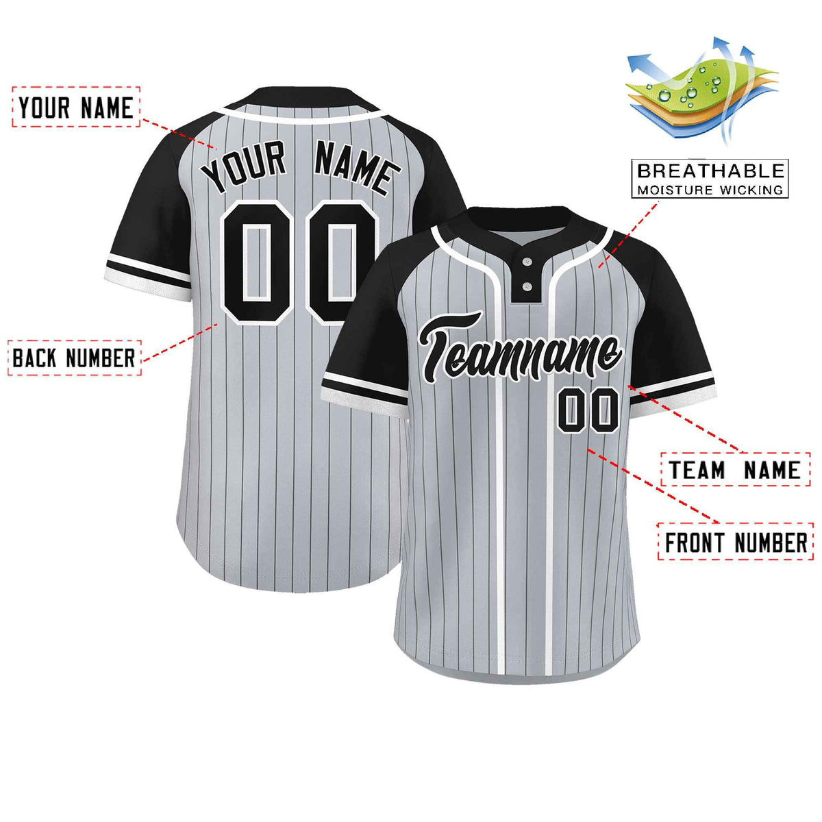 Custom Gray Black-White Stripe Fashion Raglan Sleeves Authentic Two-Button Softball Jersey