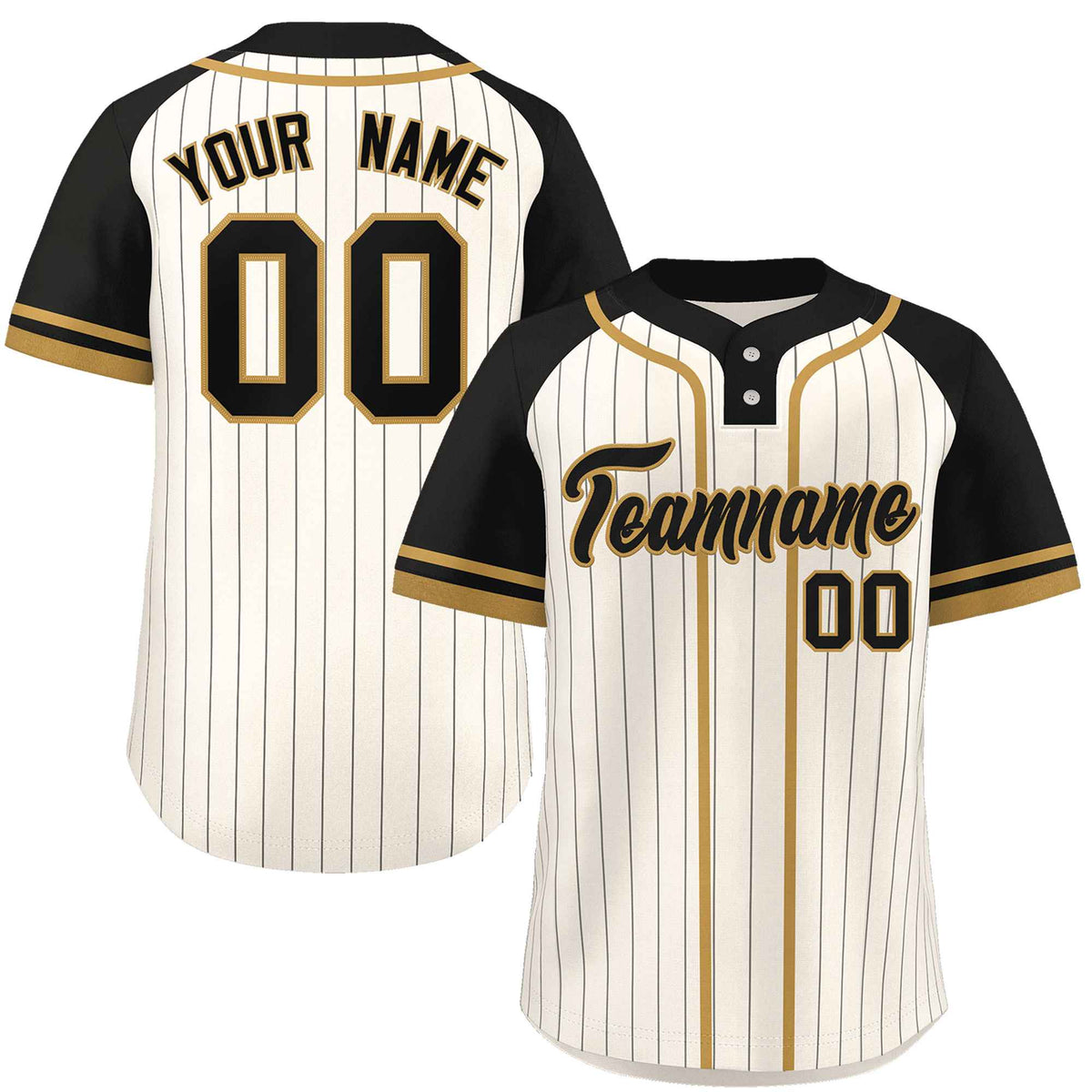Custom Cream Black-Old Gold Stripe Fashion Raglan Sleeves Authentic Two-Button Softball Jersey