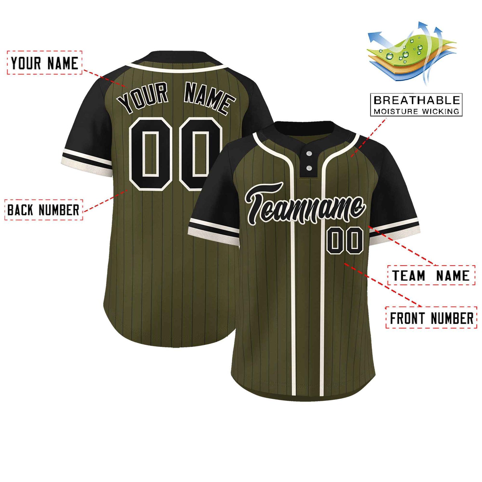 Custom Olive Black-Cream Stripe Fashion Raglan Sleeves Authentic Two-Button Softball Jersey