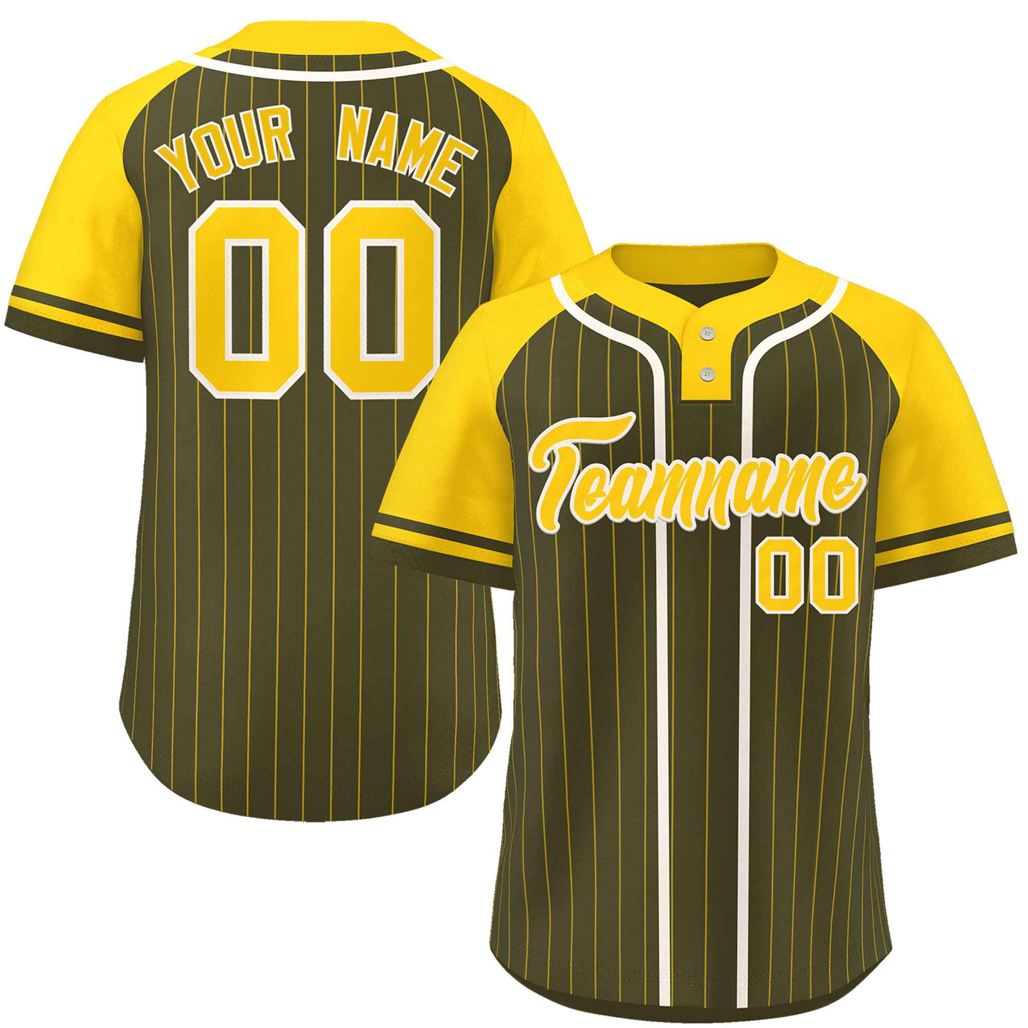 Custom Olive Gold-White Stripe Fashion Raglan Sleeves Authentic Two-Button Softball Jersey