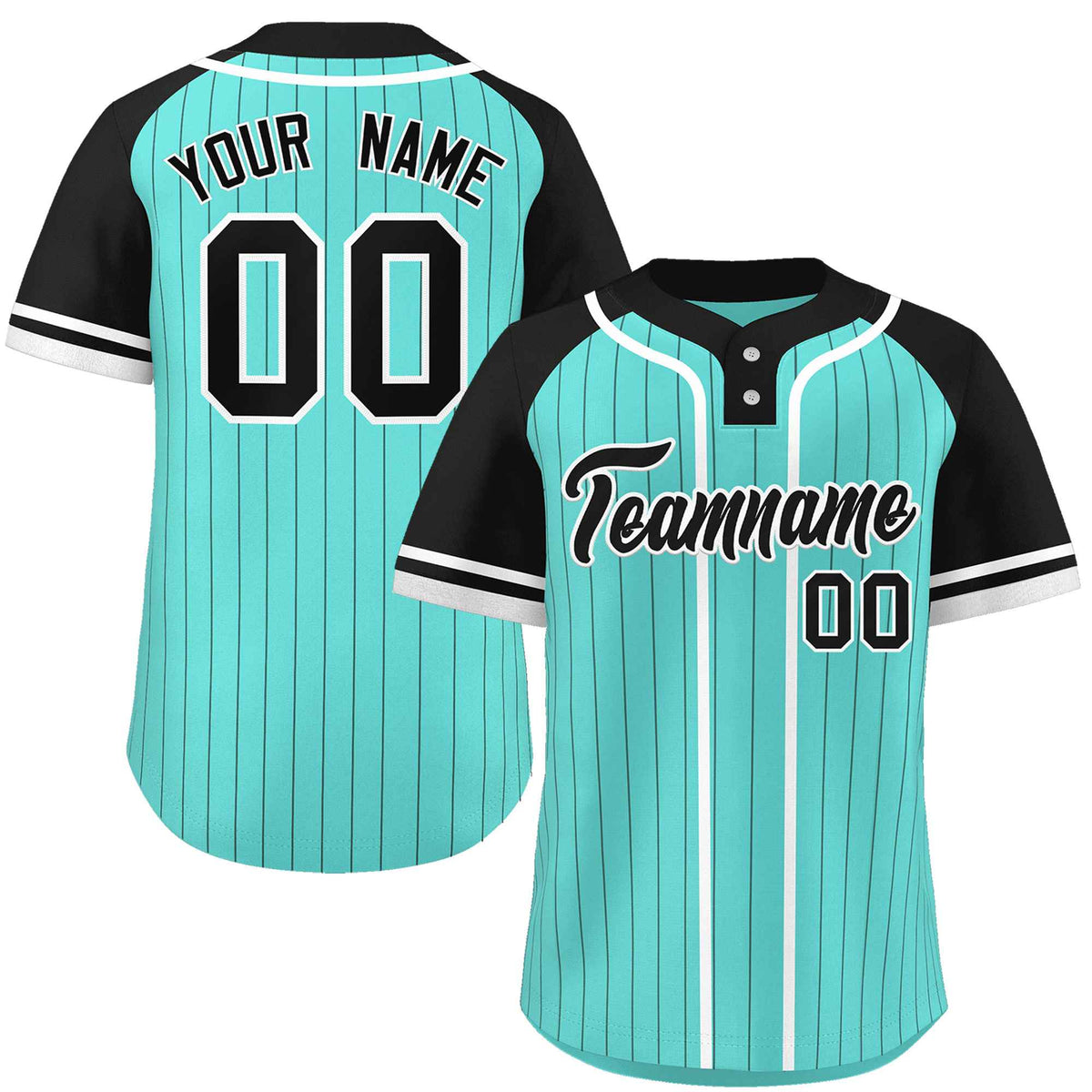 Custom Aqua Black-White Stripe Fashion Raglan Sleeves Authentic Two-Button Softball Jersey